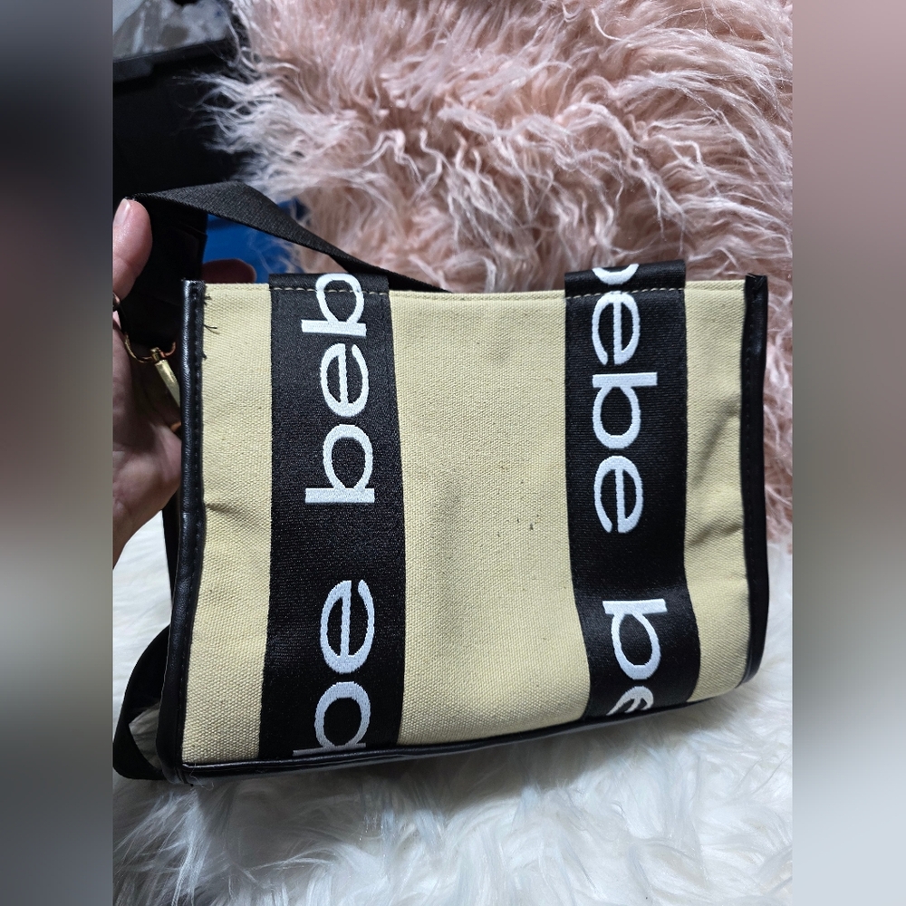 Bebe Hana Canvas Top Handle Black and Cream Crossbody Bag - Picture 2 of 6